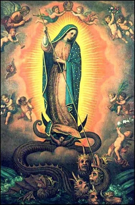 Our Lady of Guadalupe as the Woman clothed with the sun, standing on the moon in a blaze of light while angels bring her crown; with a staff topped by a cross she pierces the seven-headed dragon beneath her feet.