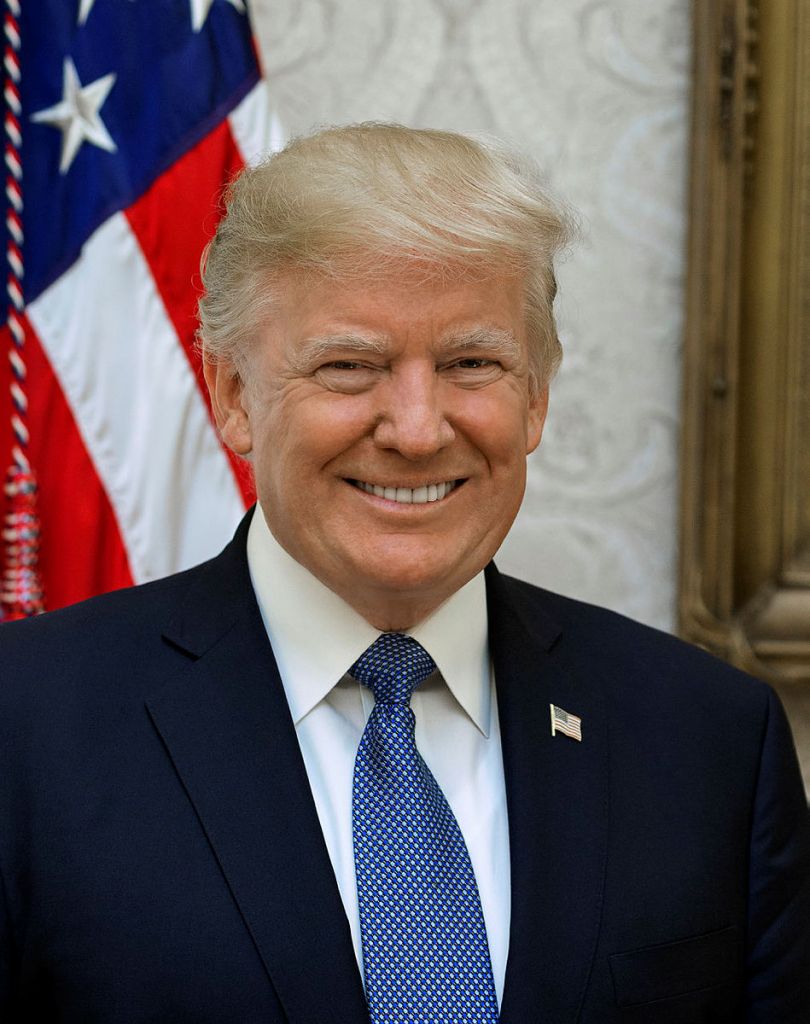 A headshot photograph of Donald Trump, visible from the waist up, standing in front of an American flag and ornate wall. H...