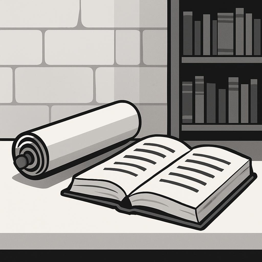 The image depicts a scene with an open book and a scroll lying on the ground, with a bookshelf in the background.