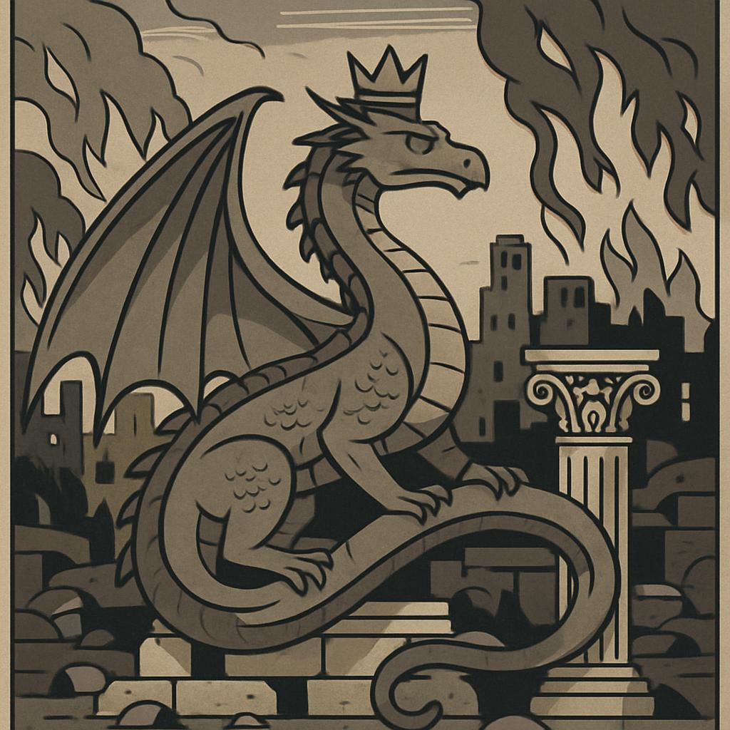 A grayscale illustration of a dragon with a crown sitting on a pedestal, set against a backdrop of fire and a cityscape.
