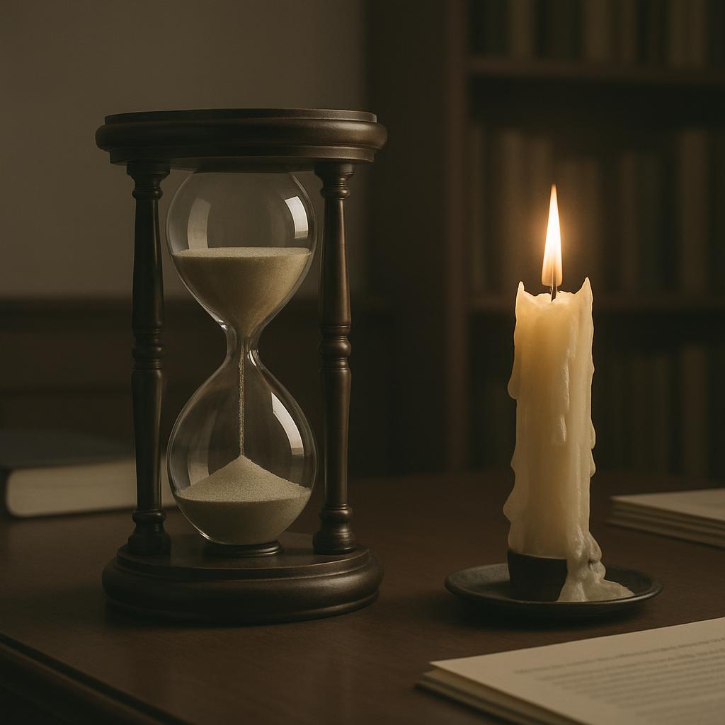 An hourglass timer sits beside a candle on a wooden desk with books.