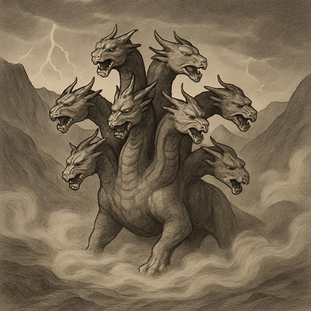 A fantastical, multi-headed dragon with a long neck and tail, and twisted horns. Its mouth is open wide, breathing smoke, ...