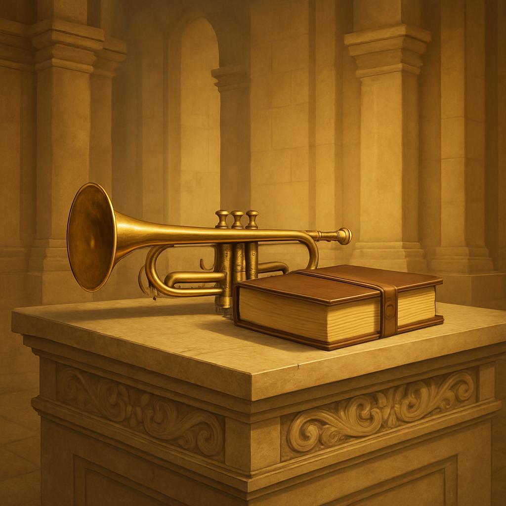 A large trumpet which is golden in color, appears as being made from metal, and is perched atop a stone slab next to a lar...