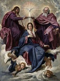 A famous religious painting featuring the Virgin Mary surrounded by cherubs and angels, while Saint John and Saint Joseph ...