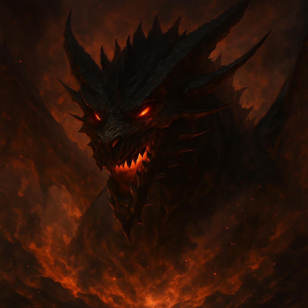 Dark fantasy illustration of a fiery dragon set against a fiery, lava-like backdrop, its menacing red glowing eyes and sha...