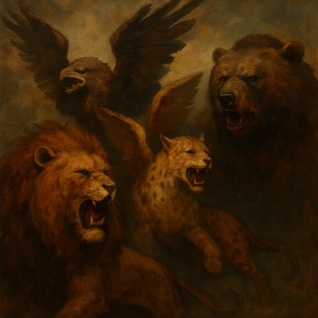 A painting of a roaring lion on the left, a flying eagle above them, and a roaring cat in the center, with a bear to the r...