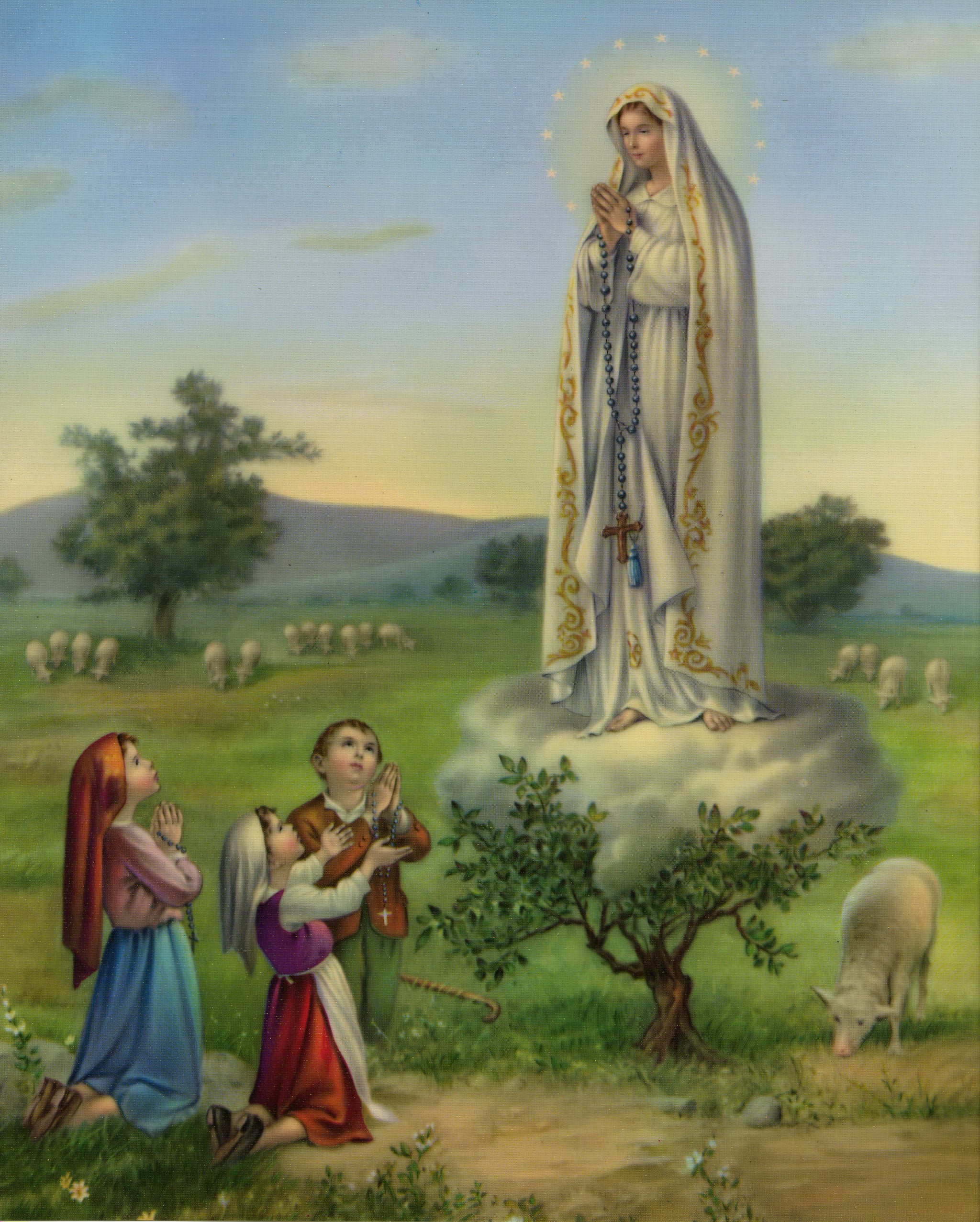 Our Lady of Fatima speaks to the shepherd children Lucia, Francisco & Jacinta